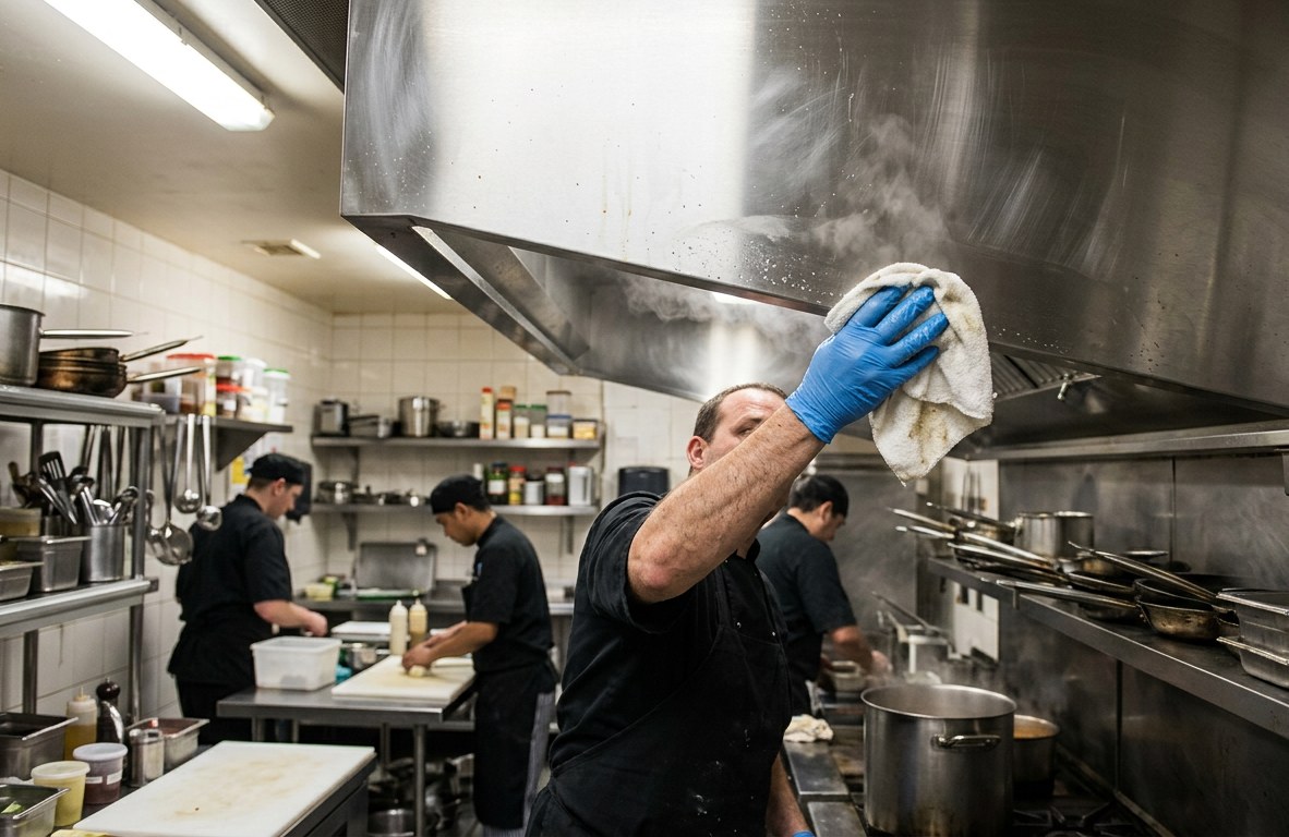 Gloved hand wiping a stainless steel commercial range hood with a white cloth