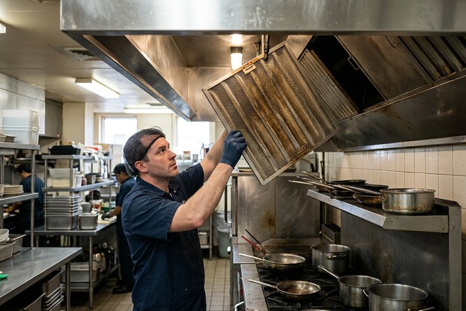 Worker lifting a mesh baffle filter out of a commercial range hood