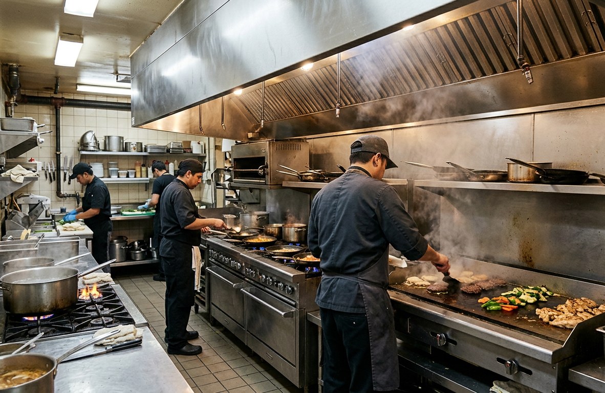 Commercial cooking line beneath a long stainless exhaust hood