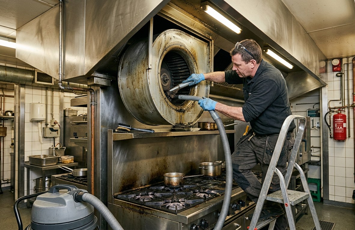 Worker vacuuming grease from a commercial exhaust fan assembly above a range