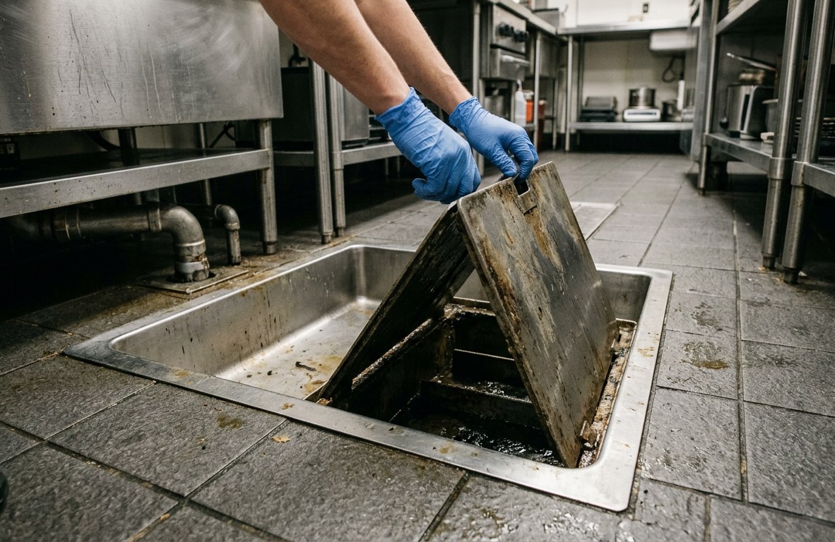 Nitrile-gloved hands removing a grease trap cover from a stainless basin