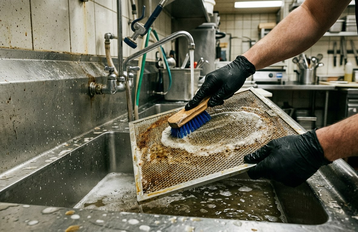 Black gloved hands deep cleaning a grease-laden stainless hood filter with foam and brush