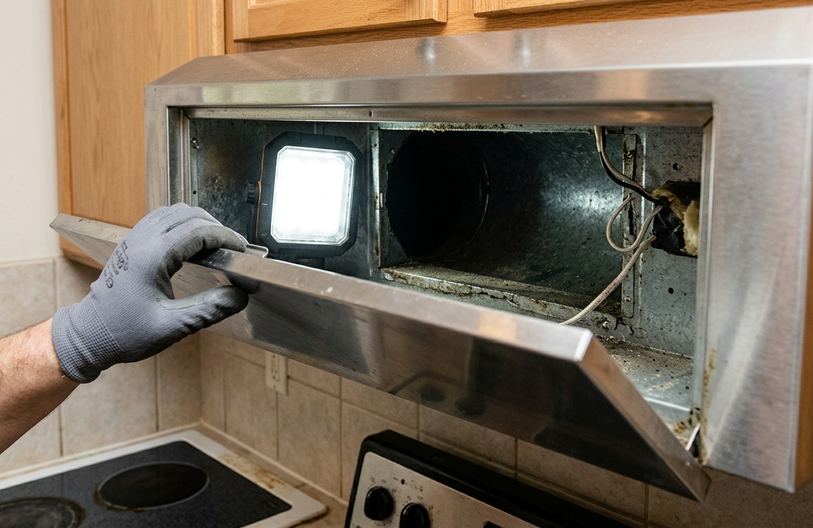 Gloved hand opening a stainless range hood panel revealing duct interior