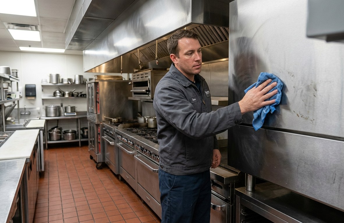 Uniformed contractor wiping a stainless steel range hood edge with a blue cloth