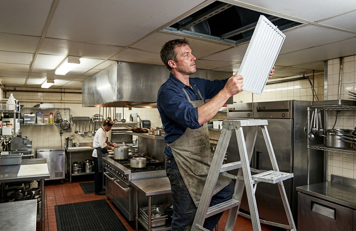 Worker holding a new white filter up to an open ceiling vent on a ladder